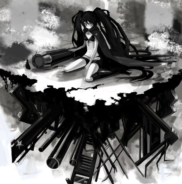 Anime picture 1693x1713 with black rock shooter black rock shooter (character) chimo single long hair tall image black hair sitting twintails midriff monochrome navel weapon shorts cloak bikini top