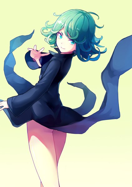 Anime picture 800x1135 with one-punch man madhouse tatsumaki evers (artist) single tall image short hair light erotic simple background standing ass looking back aqua eyes green hair light smile gradient background side slit messy hair girl dress