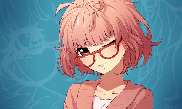 Anime picture 2560x1536 with kyoukai no kanata kyoto animation kuriyama mirai daye bie qia lian single blush fringe highres short hair smile wide image yellow eyes one eye closed wink orange hair girl glasses clothes