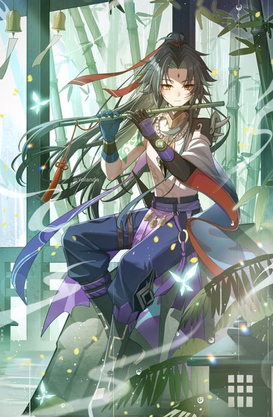 Anime picture 2293x3505 with genshin impact xiao (genshin impact) crystalfly (genshin impact) yolanda single long hair tall image highres black hair sitting yellow eyes full body ponytail shaded face forehead mark boy gloves plant (plants) musical instrument vision (genshin impact)