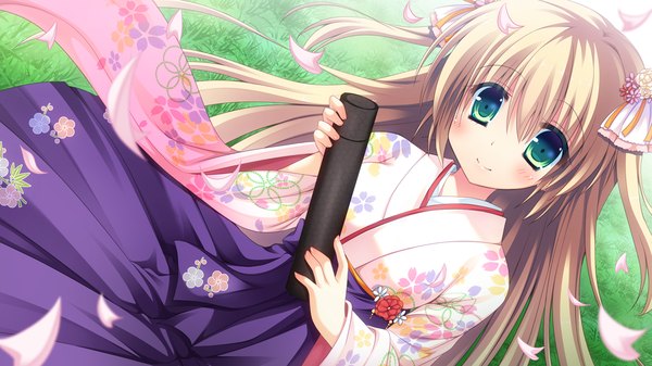 Anime picture 1280x720 with pure yome single long hair looking at viewer blush blue eyes blonde hair smile wide image game cg traditional clothes japanese clothes graduation girl hair ornament petals