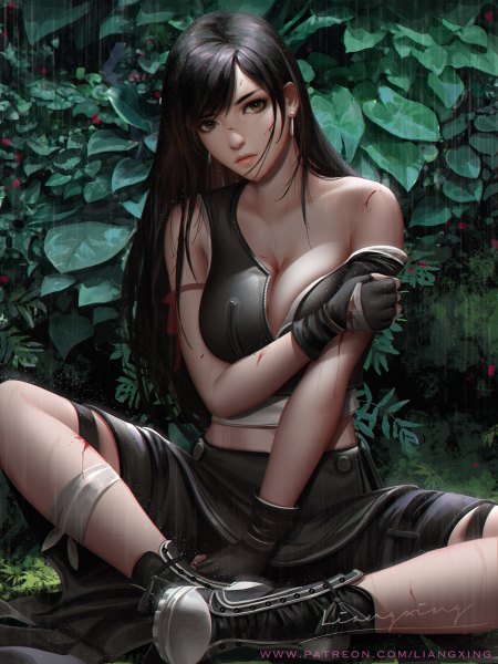 Anime picture 900x1200 with final fantasy final fantasy vii square enix tifa lockhart liang xing single long hair tall image looking at viewer fringe breasts light erotic black hair large breasts sitting brown eyes signed lips realistic off shoulder