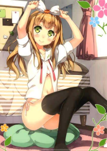 Anime picture 3443x4870 with hentai ouji to warawanai neko j.c. staff azuki azusa kantoku single long hair tall image blush highres light erotic blonde hair smile sitting green eyes absurdres scan open clothes open shirt girl thighhighs