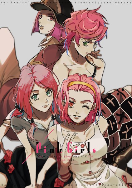 Anime picture 1200x1703 with jojo no kimyou na bouken steel ball run jojolion trish una sugimoto reimi hirose yasuho hot pants (sbr) doran7280 long hair tall image looking at viewer short hair bare shoulders multiple girls green eyes pink hair cleavage parted lips one eye closed pink eyes
