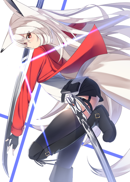 Anime picture 1073x1500 with original shiro youduki single long hair tall image looking at viewer fringe simple background hair between eyes red eyes standing white background animal ears bent knee (knees) white hair tail long sleeves animal tail profile open jacket