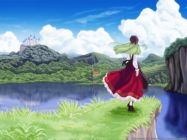 Anime picture 1600x1200 with code geass sunrise (studio) c.c. single long hair standing sky cloud (clouds) traditional clothes green hair wind from behind lake girl plant (plants) tree (trees) grass forest castle church