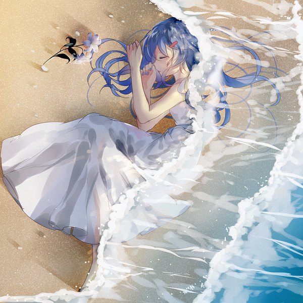 Anime picture 1134x1134 with vocaloid vocaloid china xin hua tadatsu single long hair fringe hair between eyes blue hair full body bent knee (knees) lying eyes closed nail polish beach partially submerged sand embryo's pose girl dress