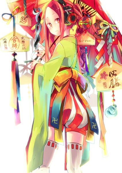 Anime picture 1157x1637 with original chibiibiru single long hair tall image simple background red eyes standing white background holding red hair braid (braids) traditional clothes japanese clothes looking back twin braids girl thighhighs ribbon (ribbons) white thighhighs