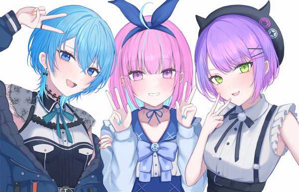 Anime picture 2800x1800 with virtual youtuber hololive minato aqua tokoyami towa hoshimachi suisei minato aqua (sailor) tokoyami towa (jirai kei) hoshimachi suisei (3rd costume) nolc looking at viewer fringe highres short hair open mouth blue eyes simple background smile hair between eyes white background purple eyes