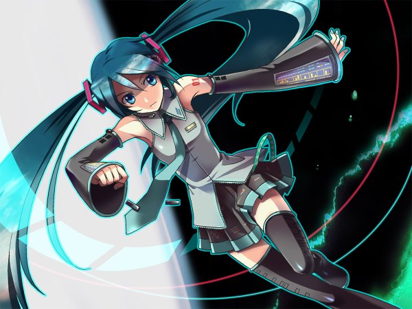 Anime picture 1200x900 with vocaloid hatsune miku long hair twintails very long hair aqua eyes aqua hair zettai ryouiki running girl thighhighs detached sleeves necktie headphones microphone tomone