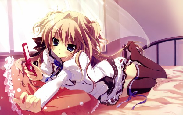 Anime picture 5693x3583 with mashiroiro symphony sena airi izumi tsubasu single long hair highres blue eyes blonde hair absurdres girl thighhighs ribbon (ribbons) serafuku pillow bed phone bedroom