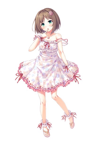 Anime picture 1296x1813 with idolmaster idolmaster cinderella girls maekawa miku hasumi (hasubatake39) single tall image looking at viewer fringe short hair breasts open mouth simple background brown hair standing white background bare shoulders green eyes full body head tilt midriff