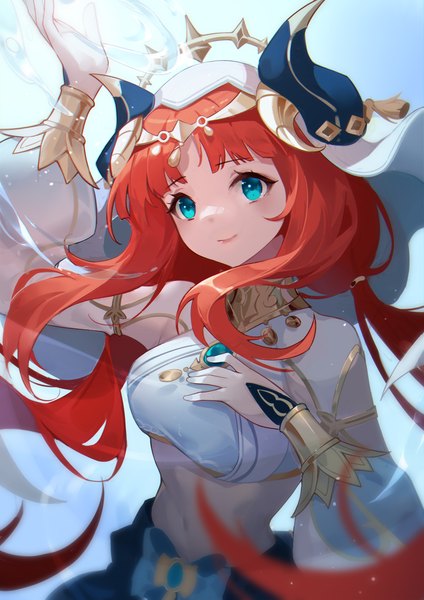 Anime picture 1240x1754 with genshin impact nilou (genshin impact) woodylixx single long hair tall image fringe blue eyes twintails upper body red hair horn (horns) midriff low twintails hand on chest looking up girl detached sleeves crop top veil