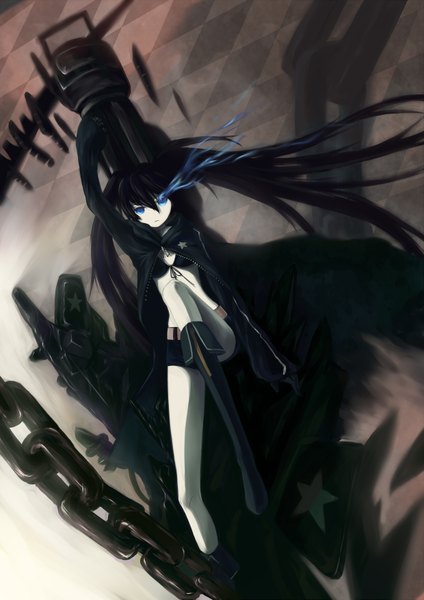 Anime picture 2480x3507 with black rock shooter black rock shooter (character) xiamianliele (artist) single long hair tall image highres black hair twintails absurdres glowing scar glowing eye (eyes) checkered floor girl shorts thigh boots chain cloak bikini top