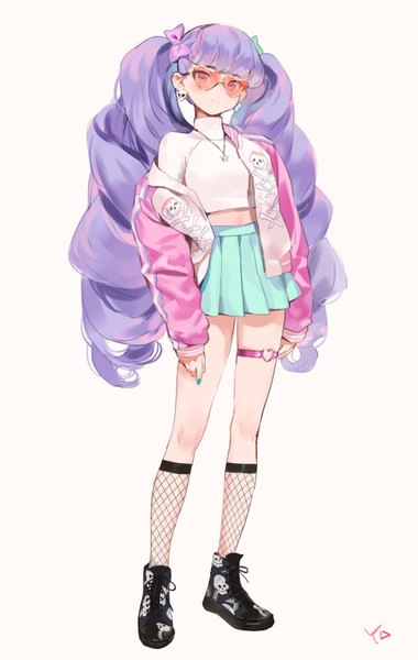 Anime picture 1988x3135 with original yd (orange maru) single long hair tall image looking at viewer blush fringe highres breasts simple background red eyes standing twintails signed purple hair full body blunt bangs nail polish pleated skirt