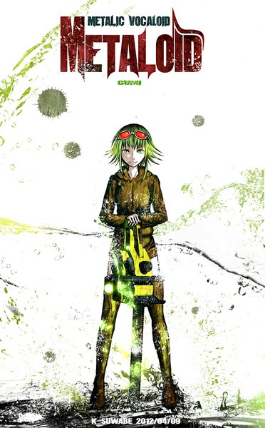 Anime picture 620x1000 with vocaloid meltdown (vocaloid) gumi kei-suwabe single tall image looking at viewer fringe short hair simple background standing green eyes green hair inscription alternate costume glow goggles on head girl thighhighs shorts