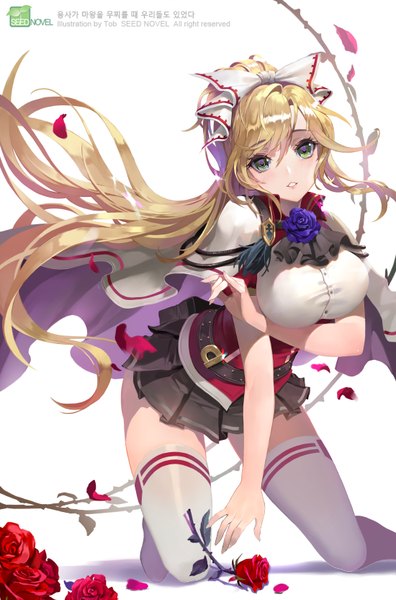 Anime picture 550x832 with original tob single tall image looking at viewer blush fringe breasts light erotic blonde hair large breasts white background green eyes very long hair parted lips pleated skirt wind inscription arm support leaning