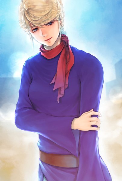 Anime picture 1378x2039 with mobile suit gundam mobile suit gundam the origin sunrise (studio) crowley hamon takeda yuuko single tall image looking at viewer short hair blue eyes blonde hair upper body holding arm girl neckerchief