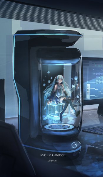 Anime picture 1400x2400 with vocaloid gatebox hatsune miku reki (irisynth) single long hair tall image looking at viewer sitting twintails full body aqua eyes aqua hair minigirl girl thighhighs skirt black thighhighs detached sleeves miniskirt