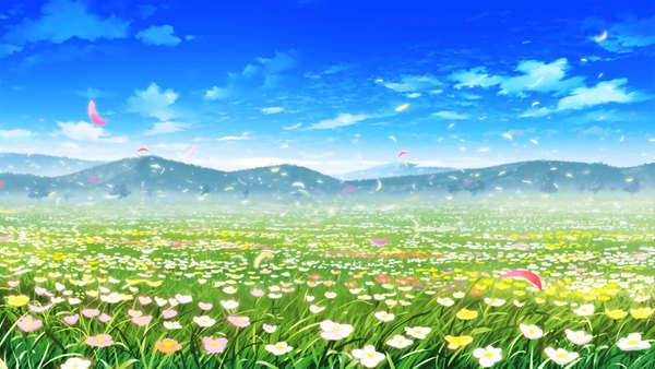 Anime picture 1546x871 with tagme (copyright) tagme (artist) wide image sky cloud (clouds) wind no people hill flower (flowers) plant (plants) petals grass flower field chamomile