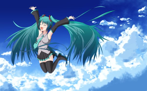 Anime picture 1920x1184 with vocaloid hatsune miku single long hair highres open mouth wide image twintails sky cloud (clouds) eyes closed aqua hair girl thighhighs skirt black thighhighs detached sleeves miniskirt necktie