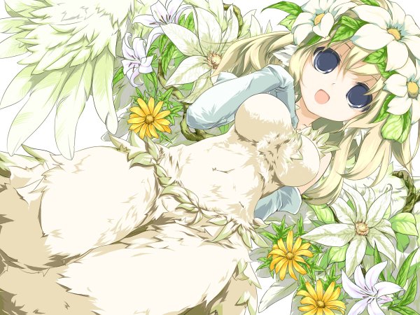 Anime picture 1200x900 with seiken densetsu legend of mana elle (lom) sanoharu blue eyes blonde hair smile nature monster girl girl gloves flower (flowers) wings elbow gloves feather (feathers)
