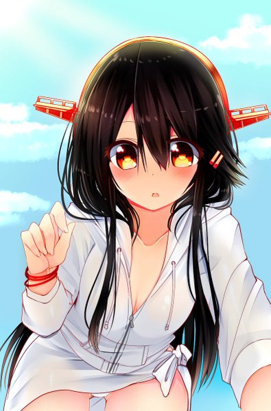 Anime picture 791x1200 with kantai collection haruna battleship tsukui kachou single long hair tall image looking at viewer blush fringe breasts light erotic black hair hair between eyes sky cleavage cloud (clouds) parted lips :o from below orange eyes