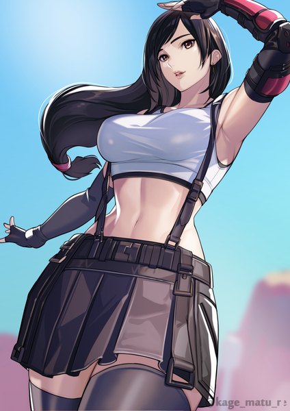 Anime picture 1736x2456 with final fantasy final fantasy vii final fantasy vii remake square enix tifa lockhart kagematsuri single long hair tall image fringe highres breasts open mouth black hair standing brown eyes signed sky outdoors pleated skirt