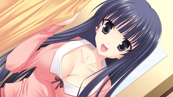 Anime picture 1280x720 with strawberry feels long hair open mouth black hair wide image game cg black eyes girl