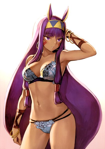 Anime picture 4891x6953 with fate (series) fate/grand order nitocris (fate) mashuu (neko no oyashiro) single tall image fringe highres breasts light erotic simple background hair between eyes standing purple eyes animal ears payot looking away absurdres cleavage purple hair