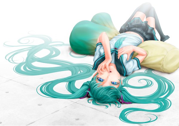 Anime picture 1414x1000 with vocaloid hatsune miku pi (pppppchang) single fringe twintails lying very long hair aqua eyes finger to mouth upside down girl thighhighs skirt navel uniform ribbon (ribbons) hair ribbon school uniform pillow