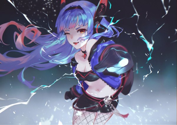 Anime-Bild 2500x1767 mit epic seven challenger dominiel vardan single long hair looking at viewer fringe highres open mouth light erotic simple background smile standing bare shoulders blue hair cleavage blunt bangs one eye closed wink off shoulder