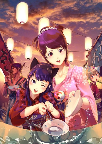 Anime picture 1024x1445 with sinad aruatjanapat tall image blush short hair blonde hair brown hair multiple girls animal ears pink hair sky purple hair japanese clothes group eating mask on head festival girl boy hairband kimono