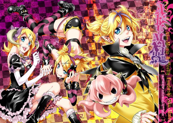 イラスト 1200x857 と ボーカロイド 巡音ルカ 鏡音リン 鏡音レン たこルカ 開いた口 青い目 金髪 multiple girls nail polish 角 fingernails エルフ耳 holding hands group ストライプ long fingernails checkered background 女の子 ストッキング