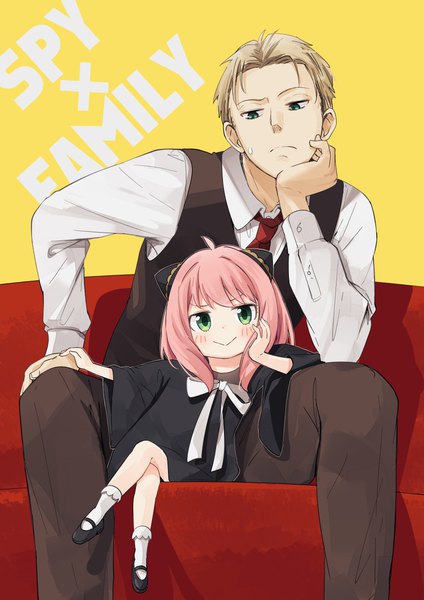 Anime picture 926x1310 with spy x family anya (spy x family) twilight (spy x family) mirai (macharge) tall image blush short hair blue eyes simple background blonde hair smile sitting green eyes pink hair ahoge copyright name crossed legs sweatdrop yellow background head rest