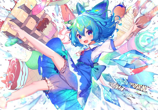 Anime picture 2000x1400 with touhou cirno kiramarukou single looking at viewer blush fringe highres short hair open mouth blue eyes hair between eyes blue hair :d barefoot bare legs spread arms girl bow hair bow