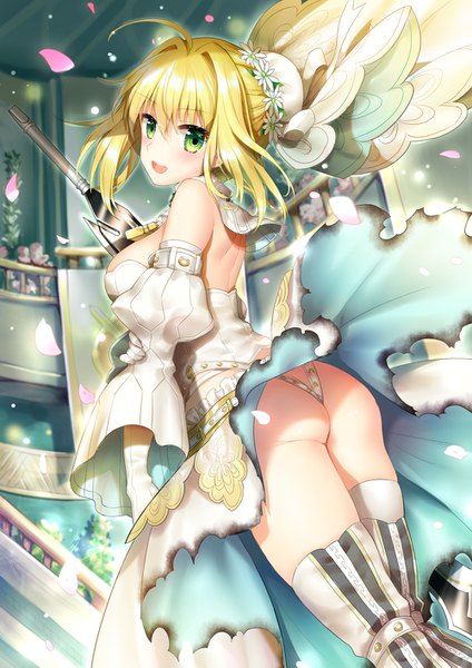 Anime picture 1000x1415 with fate (series) fate/extra fate/extra ccc nero claudius (fate) (all) nero claudius (bride) (fate) silveroid single tall image looking at viewer blush short hair open mouth light erotic blonde hair green eyes ahoge ass dress lift holding arm girl