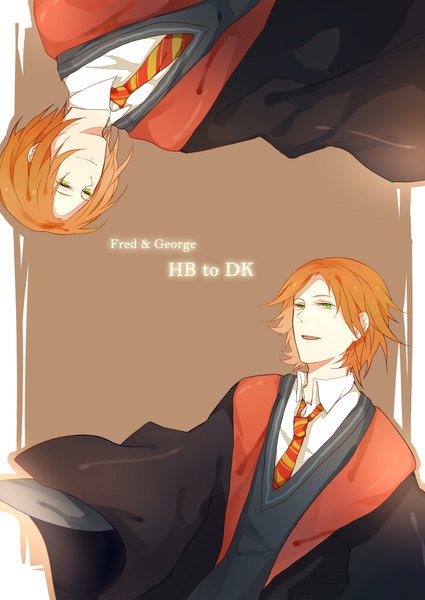 Anime picture 1433x2023 with harry potter fred weasley george weasley tall image short hair green eyes long sleeves orange hair multiple boys spread arms siblings brothers boy uniform school uniform shirt necktie sweater mantle hands