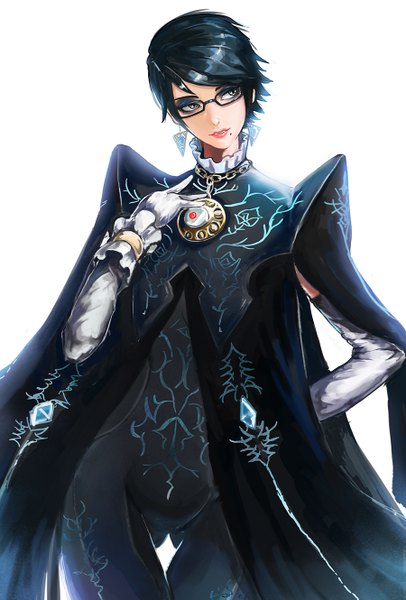 Anime picture 900x1329 with bayonetta bayonetta 2 bayonetta (character) hirokima single tall image fringe short hair black hair standing white background looking away parted lips head tilt mole alternate costume hand on chest mole under mouth spiked hair girl