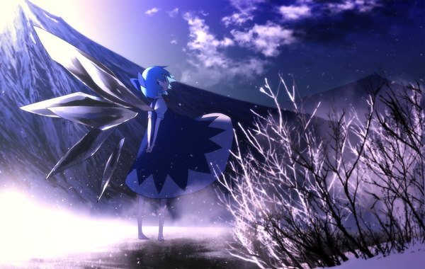 Anime picture 2000x1269 with touhou cirno megusuri single looking at viewer highres short hair blue eyes standing blue hair sky cloud (clouds) looking back wind hands behind back mountain girl dress bow hair bow