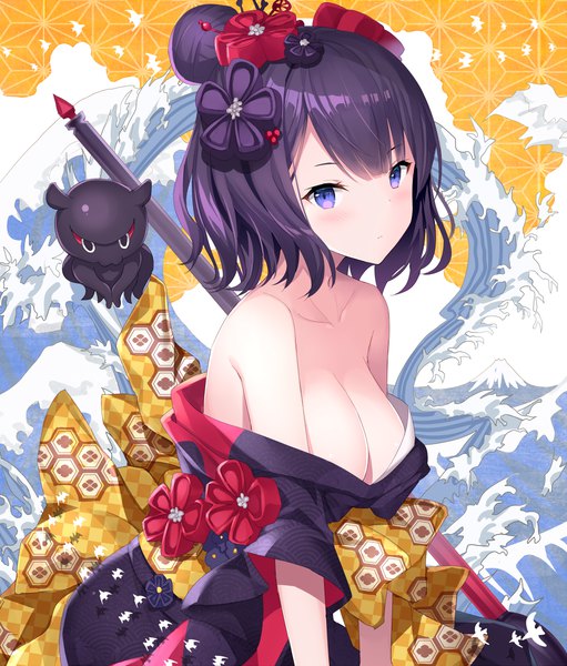 Anime picture 966x1134 with fate (series) fate/grand order kanagawa okinami ura katsushika hokusai (fate/grand order) tokitarou (fate/grand order) rin yuu single tall image looking at viewer blush fringe short hair breasts light erotic large breasts purple eyes bare shoulders cleavage purple hair traditional clothes