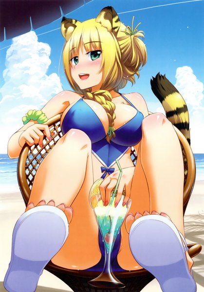 Anime picture 1910x2735 with original koume keito long hair tall image looking at viewer blush highres breasts open mouth light erotic blonde hair large breasts bare shoulders green eyes animal ears absurdres braid (braids) nail polish animal tail barefoot