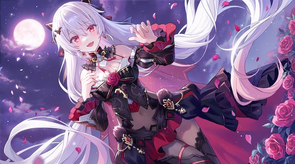 Anime-Bild 1800x1002 mit honkai impact 3rd honkai (series) theresa apocalypse theresa apocalypse (luna kindred) theresa apocalypse (lunar vow: crimson love) lino chang single looking at viewer fringe highres open mouth hair between eyes red eyes wide image silver hair very long hair :d night dutch angle night sky