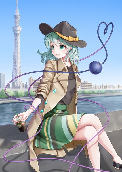 Anime picture 800x1131 with touhou starbucks komeiji koishi torinari (dtvisu) single tall image fringe short hair smile hair between eyes sitting holding looking away sky outdoors long sleeves aqua eyes aqua hair arm support shadow