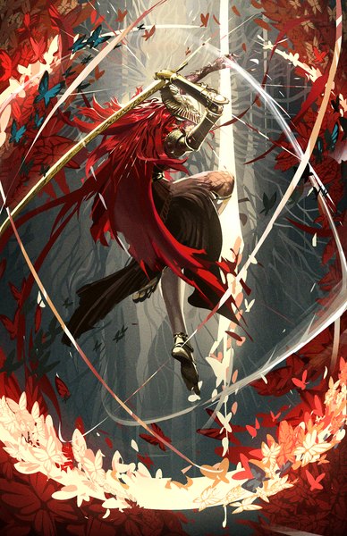 Anime picture 1294x2000 with elden ring malenia blade of miquella ishu tani single long hair tall image holding full body red hair arms up jumping girl weapon insect butterfly helmet prosthesis blade