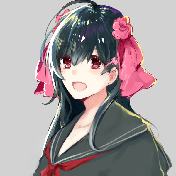 Anime picture 800x800 with original syachoosa single long hair looking at viewer blush fringe open mouth black hair simple background hair between eyes red eyes ahoge upper body hair flower grey background portrait girl uniform flower (flowers)