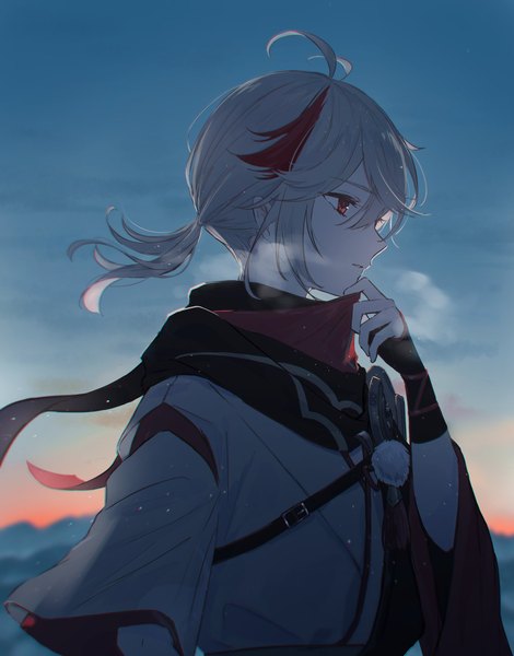 Anime picture 1603x2048 with genshin impact kaedehara kazuha mskmmti single long hair tall image fringe hair between eyes red eyes looking away sky silver hair upper body ahoge outdoors ponytail parted lips profile multicolored hair arm up