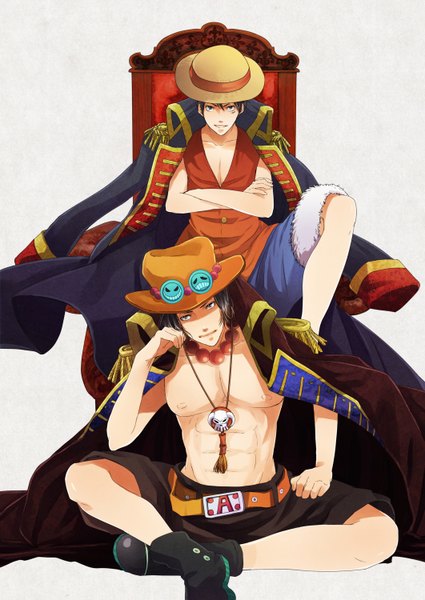 Anime picture 1062x1500 with one piece toei animation monkey d. luffy portgas d. ace kanameyura tall image short hair blue eyes black hair sitting yellow eyes open clothes hand on hip scar topless crossed arms clothes on shoulders head rest pirate boy