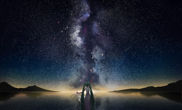 Anime picture 1920x1158 with vocaloid hatsune miku yunsang single highres wide image twintails sky cloud (clouds) very long hair green hair from behind back scenic shooting star lake milky way girl dress water