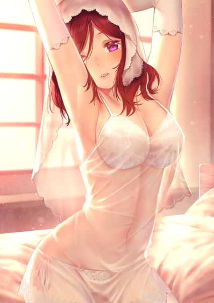 Anime picture 637x900 with love live! school idol project sunrise (studio) love live! nishikino maki nagareboshi single tall image looking at viewer blush fringe short hair breasts light erotic hair between eyes purple eyes cleavage red hair indoors parted lips arms up